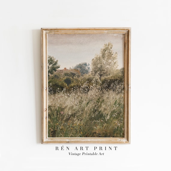 Muted Wildflower Meadow Grassland Vintage Landscape Oil Painting Print