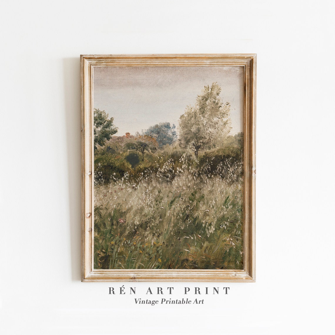 Muted Wildflower Meadow Grassland Vintage Landscape Oil Painting Print