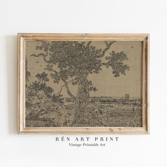 Antique Landscape Drawing Art Print, Cottage Sketch