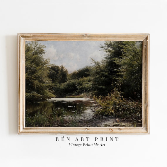 Woodland Pond Reflections Vintage Forest Landscape Oil Painting Print
