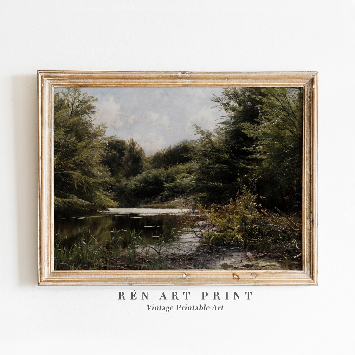 Woodland Pond Reflections Vintage Forest Landscape Oil Painting Print