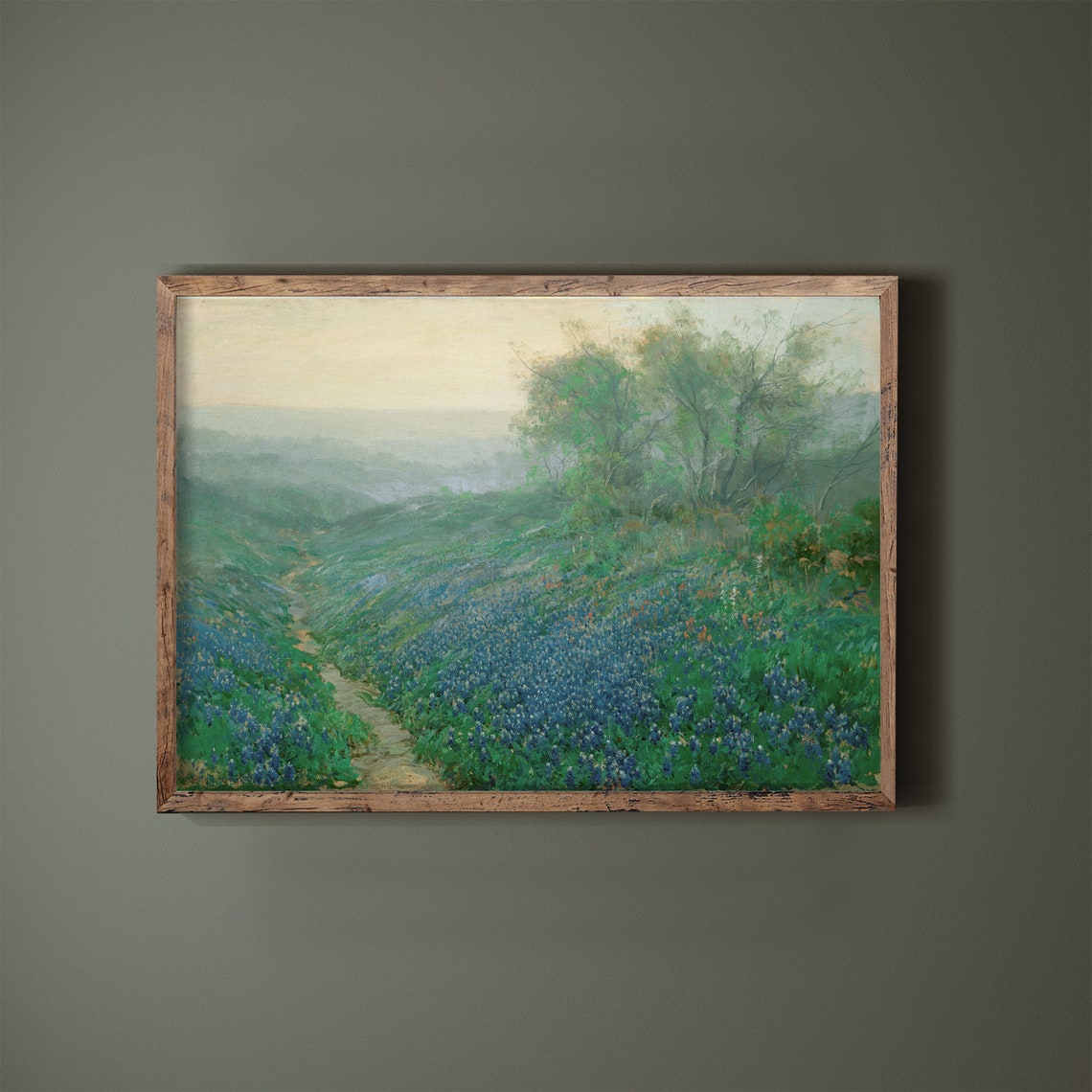 Blue Wildflower Hillside at Dusk Vintage Landscape Oil Painting Print - Image 3