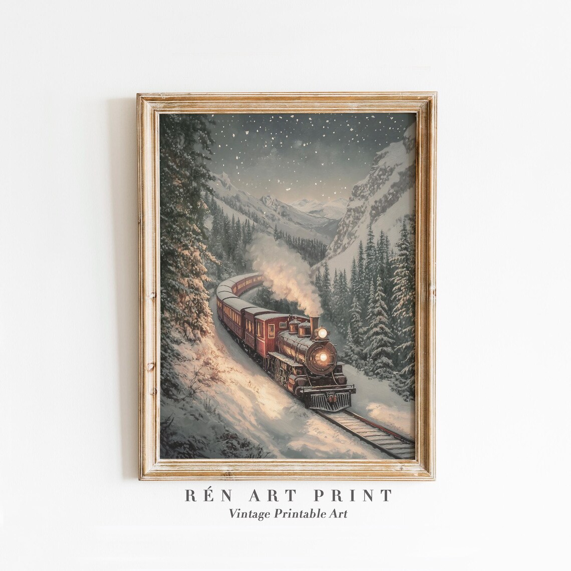 Vintage Winter Train Art Print, Rustic Holiday Landscape