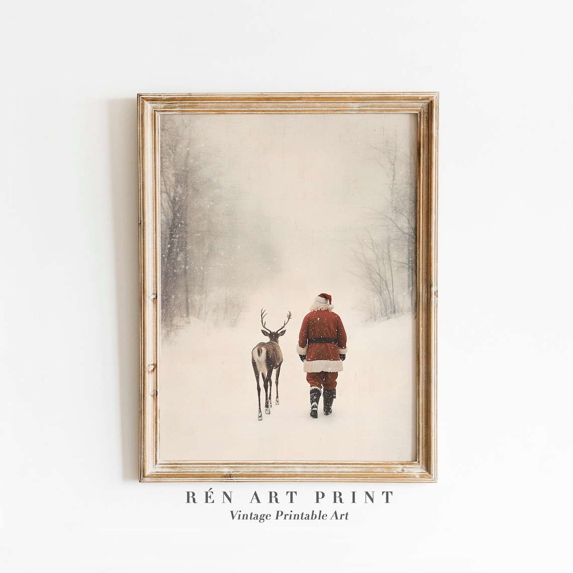 Santa Claus Reindeer Vintage Christmas Art Print