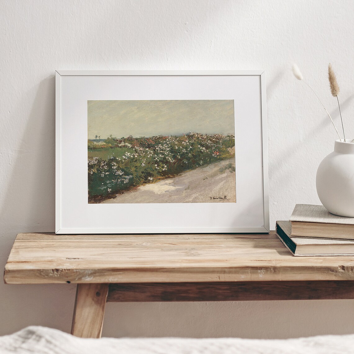Blooming White Flower Field Country Path Vintage Floral Art Print - Image 2
