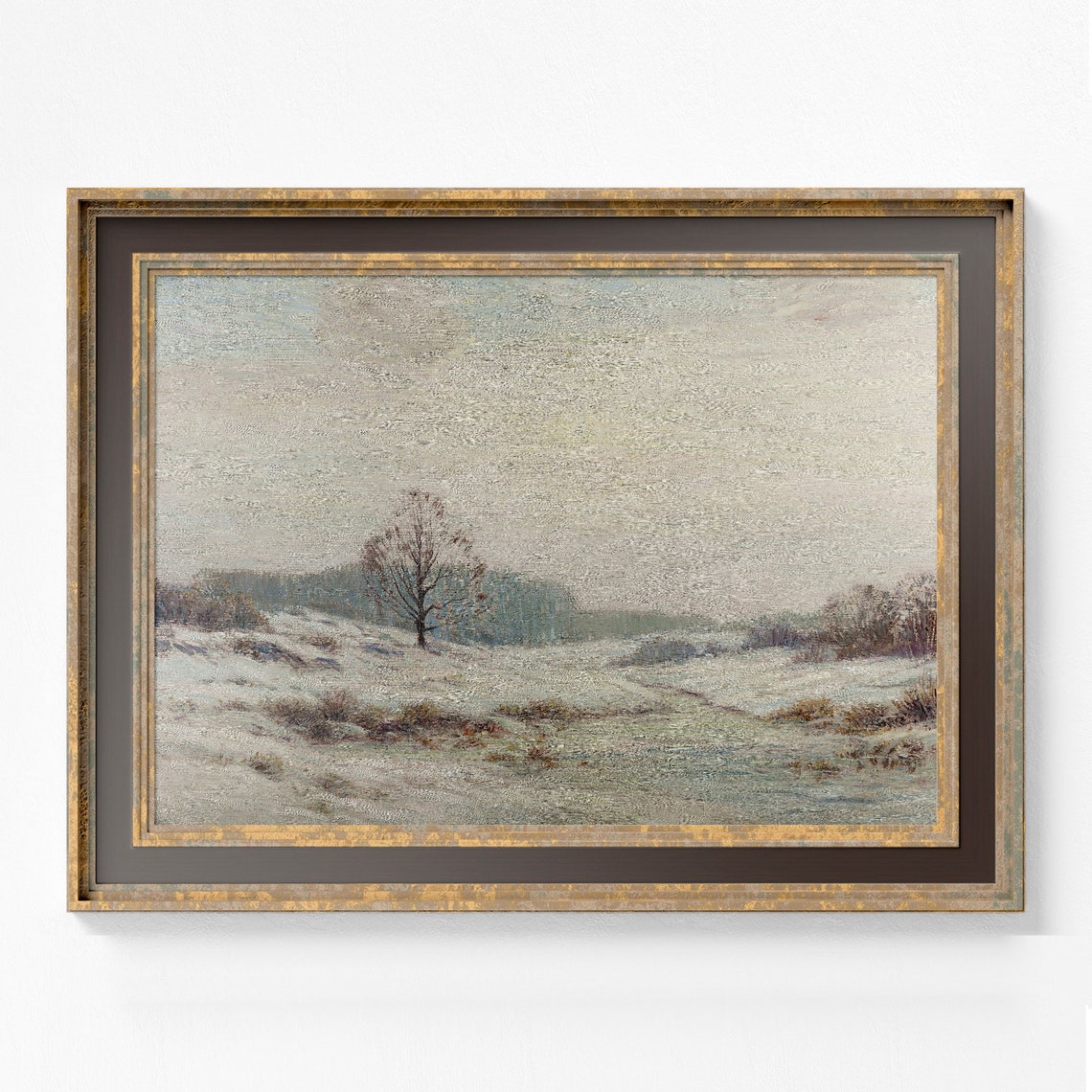 Muted Winter Meadow with Lone Tree Vintage Landscape Oil Poster - Image 2