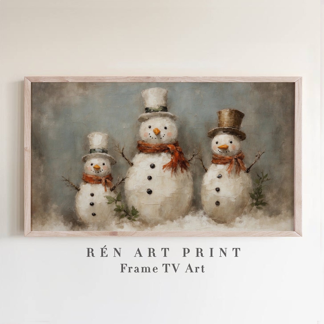 Three Charming Vintage Snowmen Top Hats Rustic Christmas Wall Art