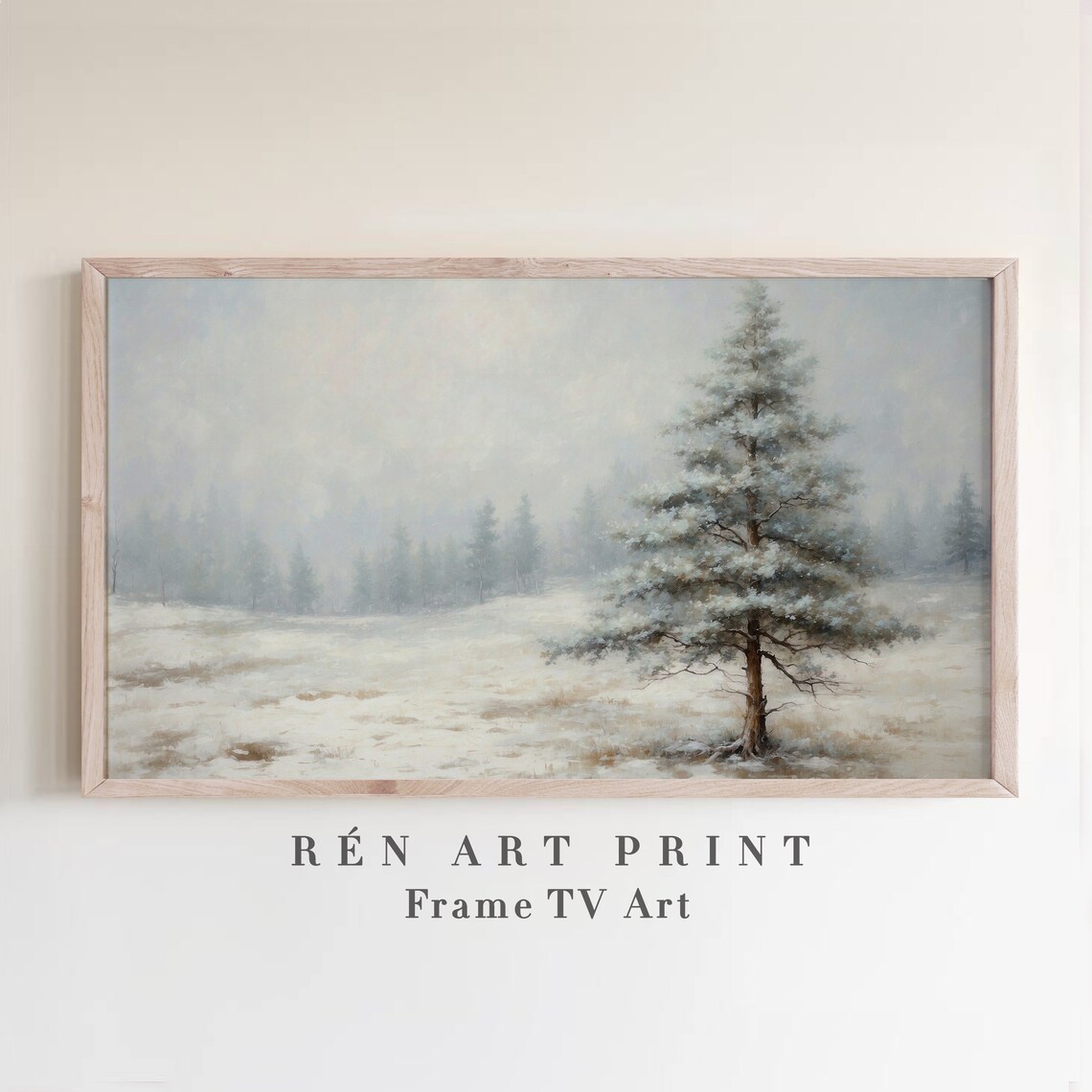 Lone Snowy Pine Tree in Misty Winter Field Minimalist Frame TV Poster