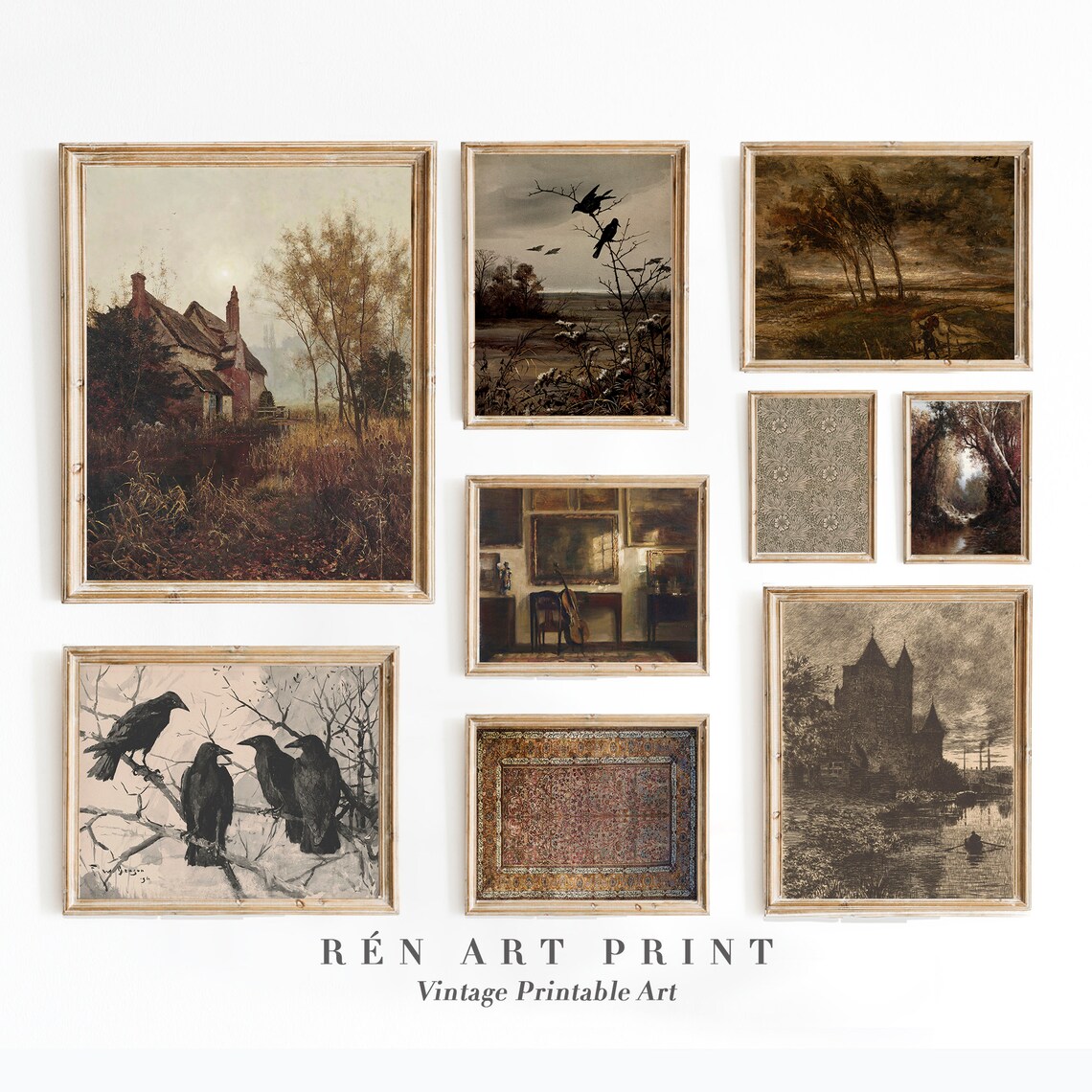 Nine Piece Moody Autumn Gallery Wall Art Set with Crows Cottage Tapestry