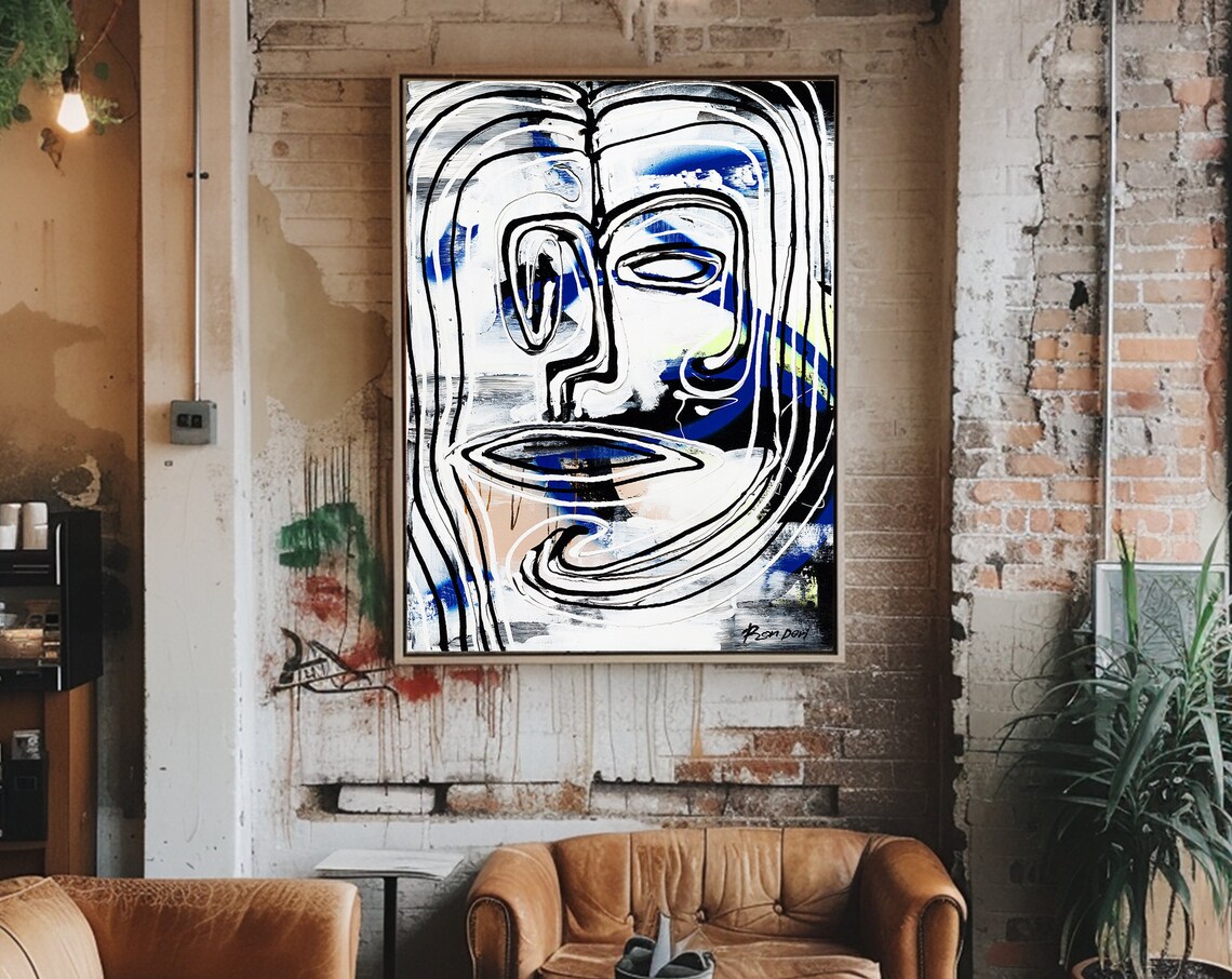 Line Art Face in Black and White with Blue Accents Vertical Poster