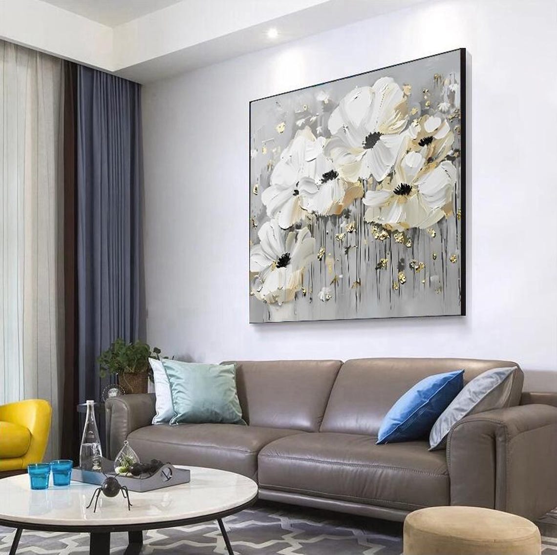 White Anemone Flowers With Gold Leaf Accents on Gray Wall Art - Image 5