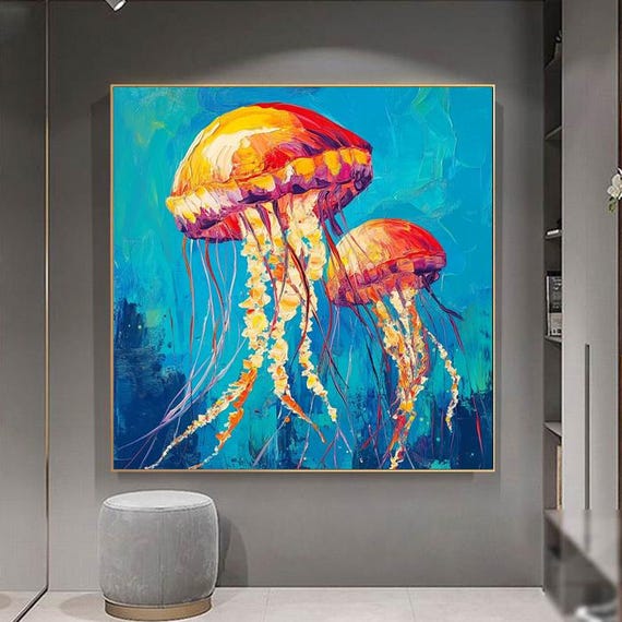 Hand Painted Oil Painting Ocean Creatures Jellyfish Wall Art Original Artwork For Entryway And Dining Room