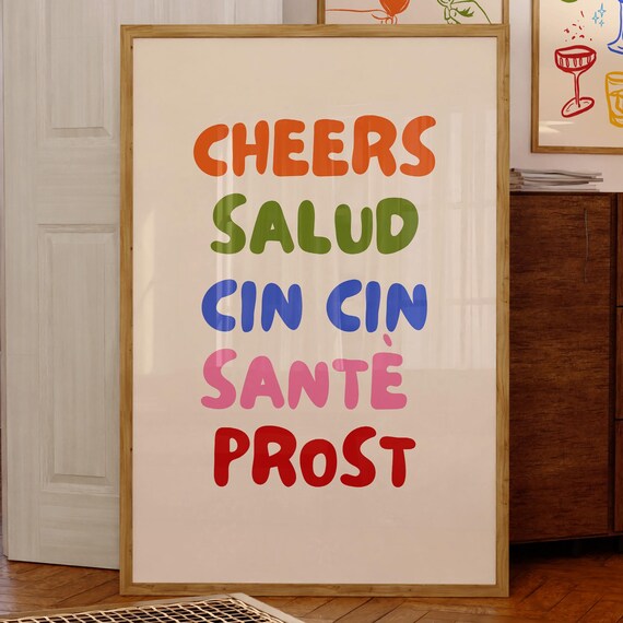 Cheers Print Wall Art Typography Poster Dopamine Decor Retro Bar Minimalist Funny Kitchen