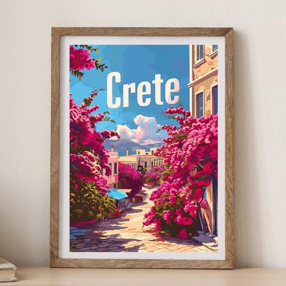 Crete Greece Bougainvillea Street Vintage Village Travel Poster
