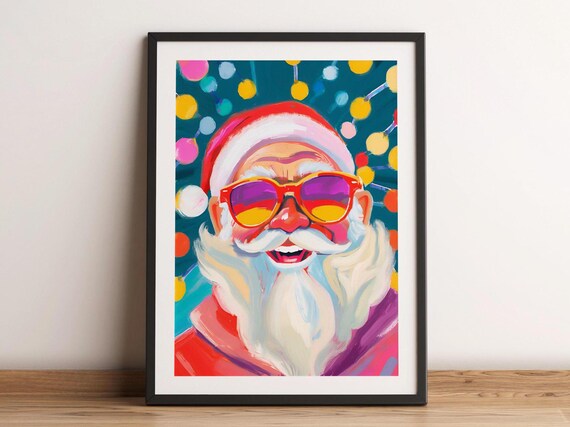 Cool Santa Claus With Sunglasses Retro Christmas Poster Fun Lights