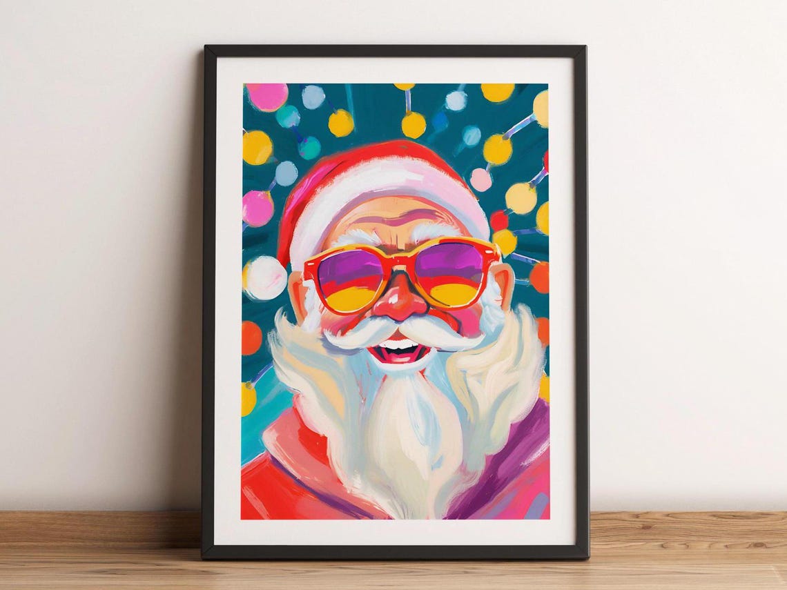 Cool Santa Claus With Sunglasses Retro Christmas Poster Fun Lights