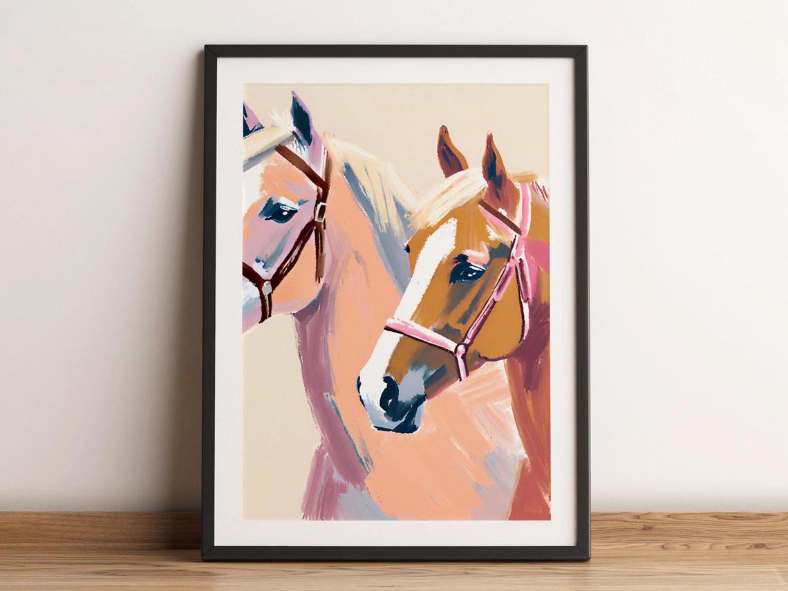 Soft Pink Watercolor Horse Pair Western Equestrian Art Poster