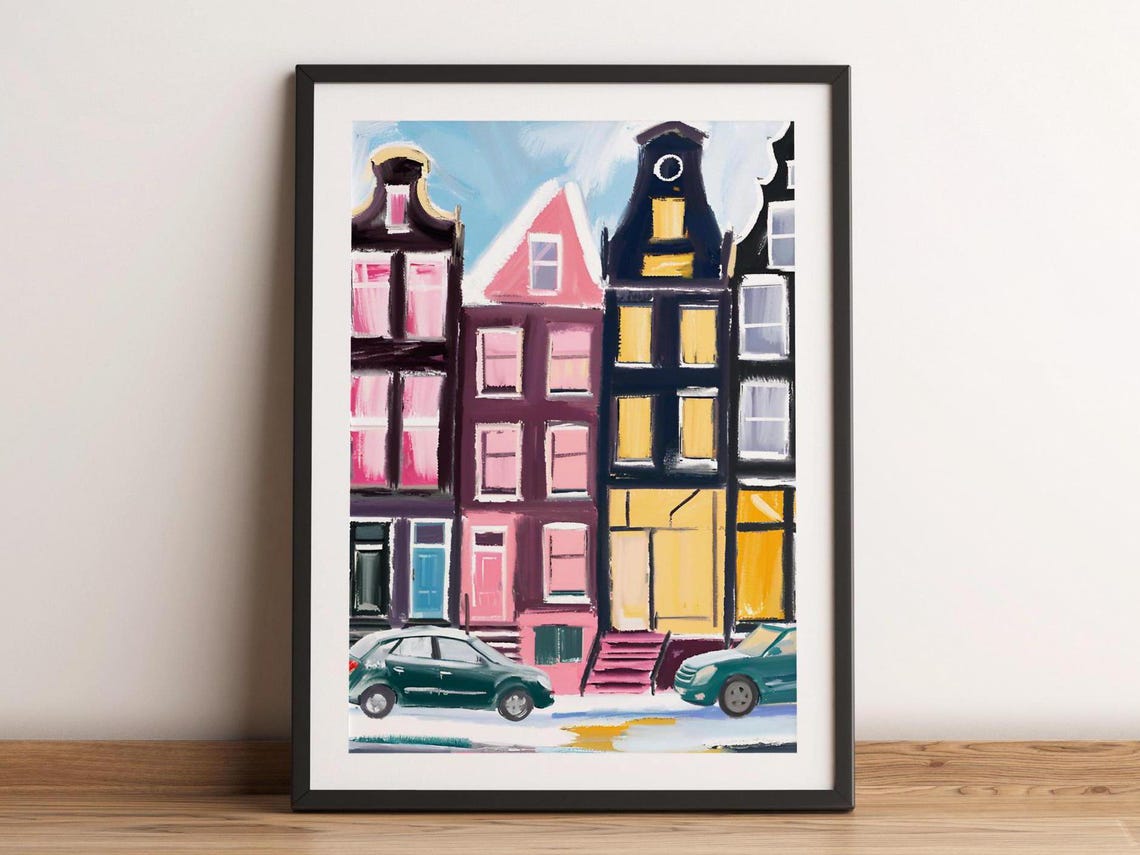 Amsterdam Snowy Winter Painting Wall Art Netherlands Watercolor Travel Poster City Landmark Holland Cityscape Home Decor