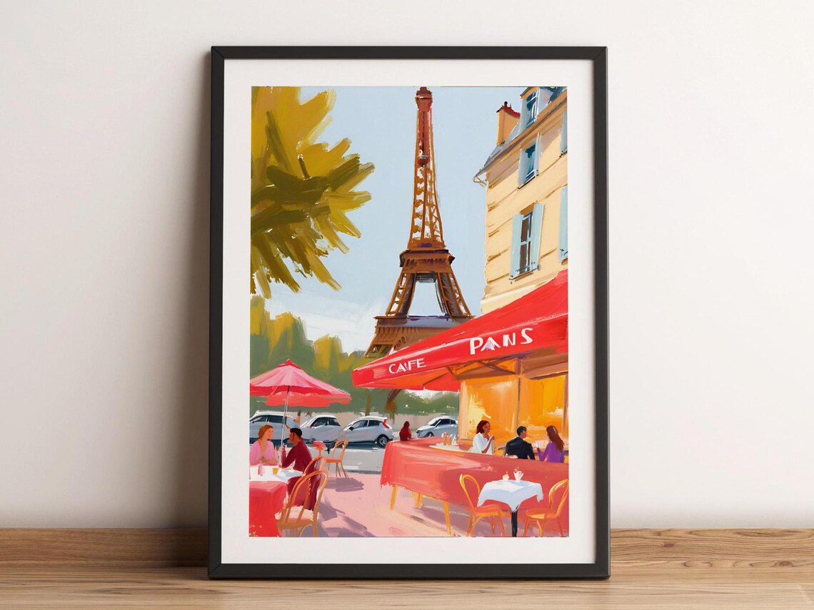 Eiffel Tower Cafe Painting Red Awning Paris Street Sunny French Bistro Art Poster