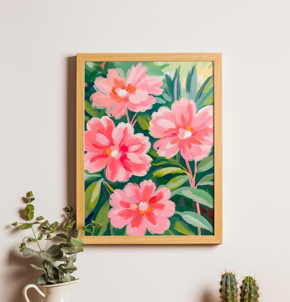 Pink Red Flowers Wall Art Floral Neutral Home Decor Botanical Print Pastel Watercolor