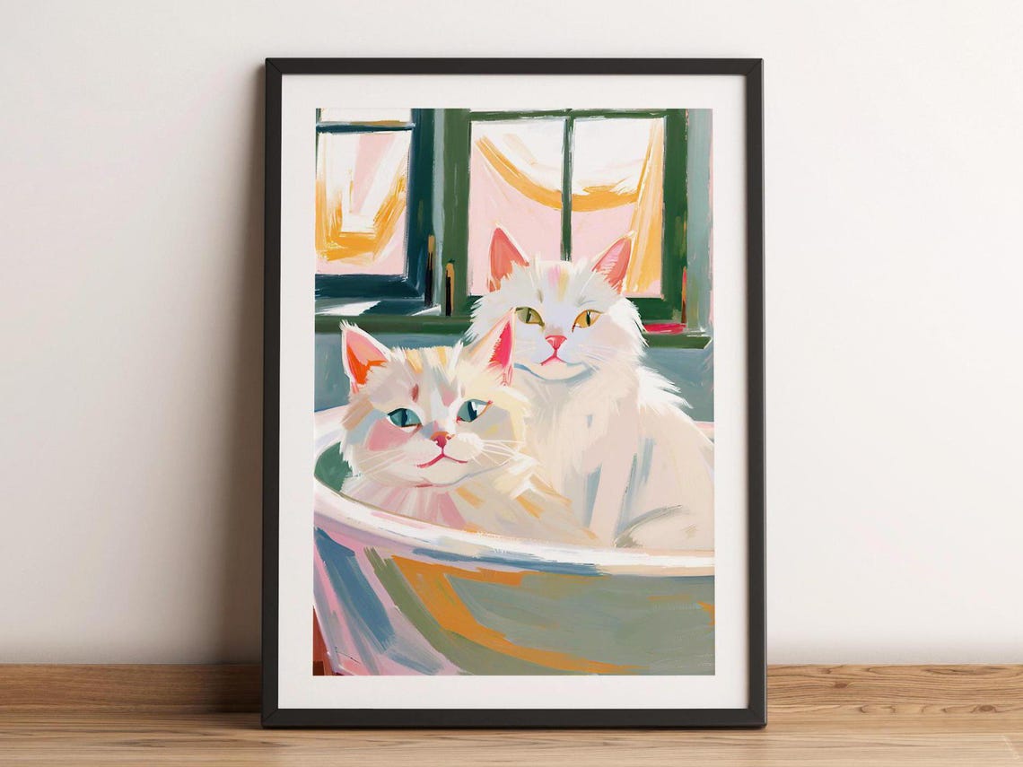 Two Pastel Cats Bathtub Painting Cute White Kittens Bath Wall Art