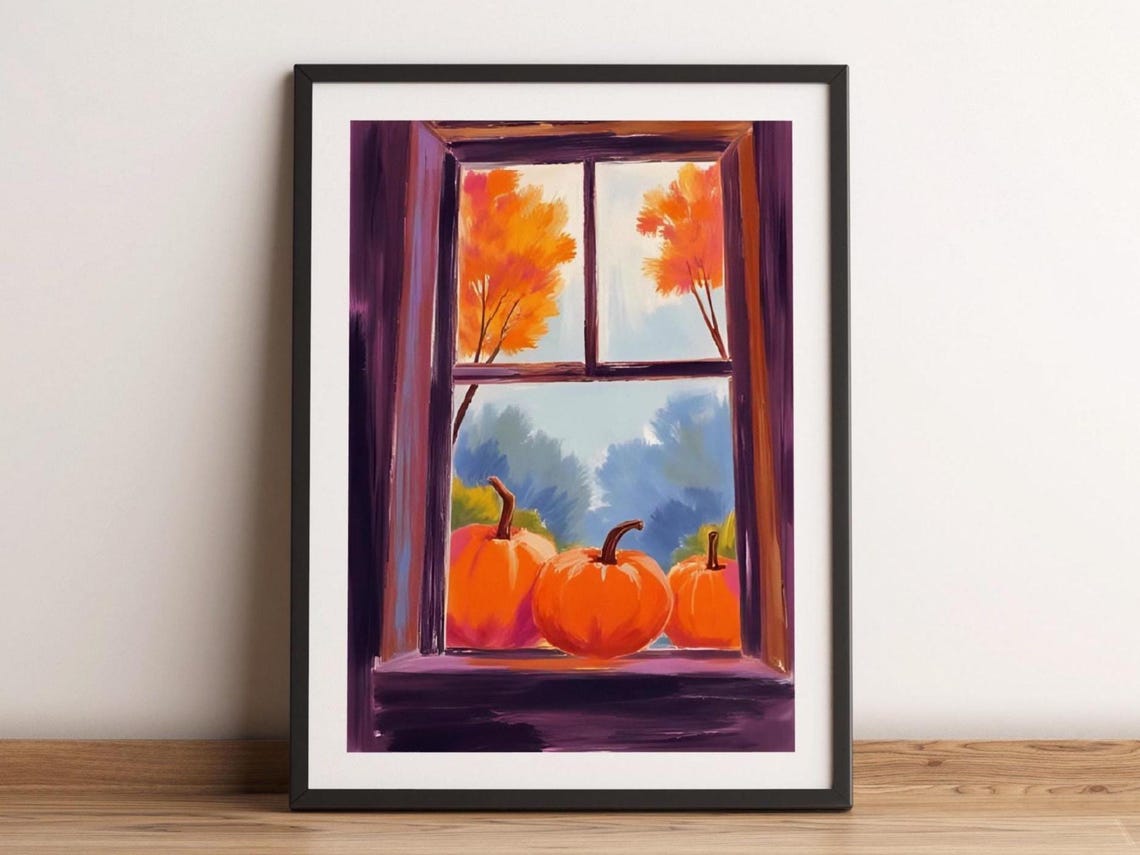 Pumpkins On Autumn Window Sill Cozy Fall Watercolor Art Print Decor