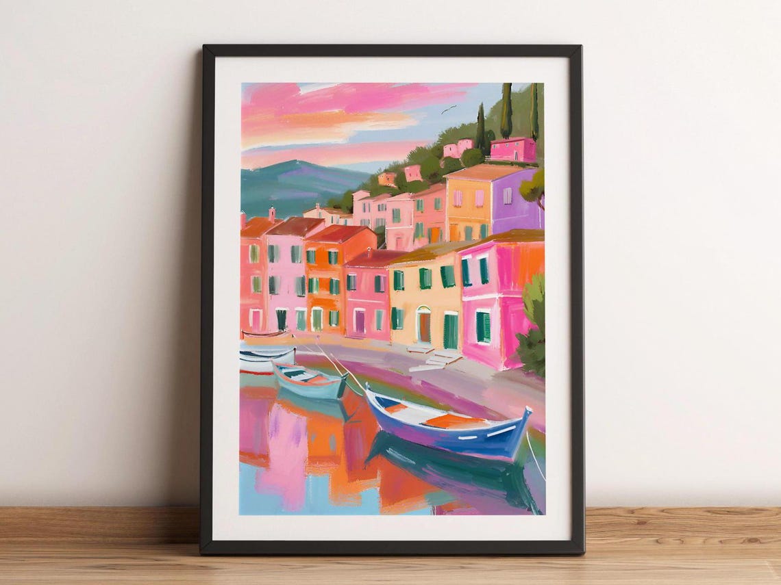 Italy Portofino Painting Wall Art Watercolor Travel Print City Landmark Landscape Home Decor Italian Artwork Poster
