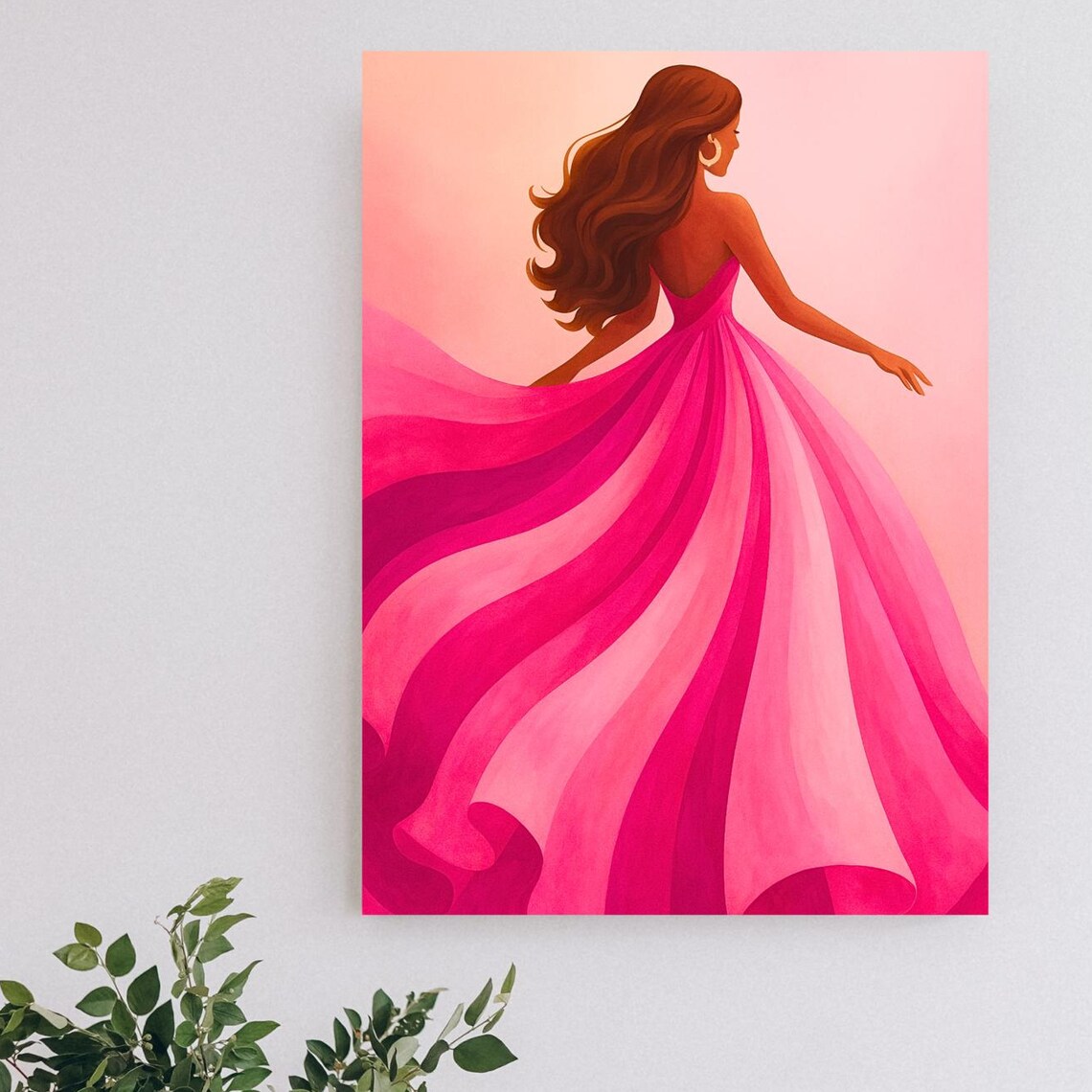 Woman In Flowing Pink Dress Illustration Feminine Romantic Wall Poster