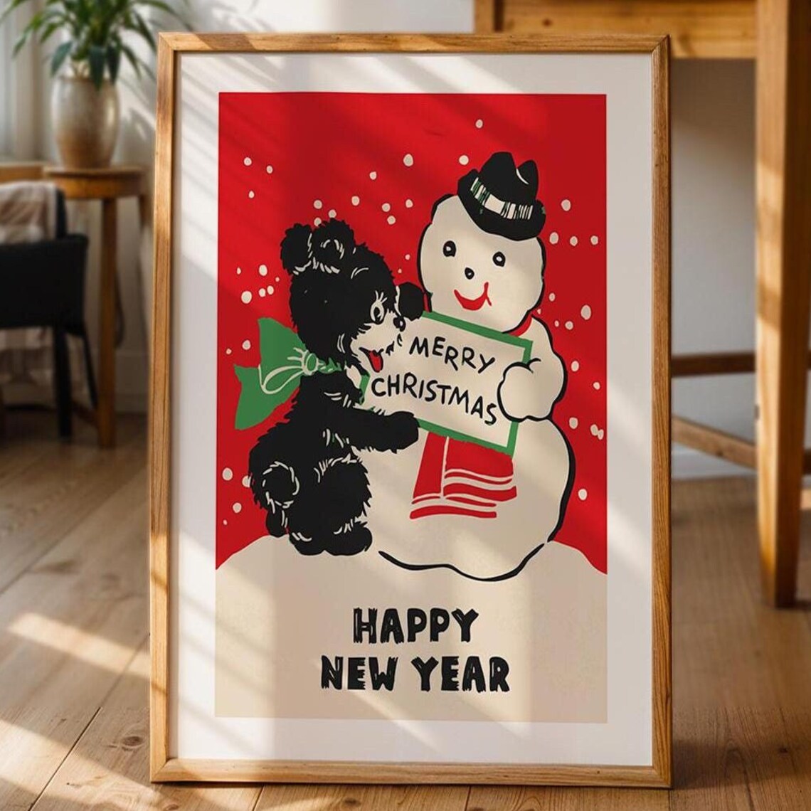 Merry Christmas Happy New Year Snowman Puppy Vintage Holiday Poster