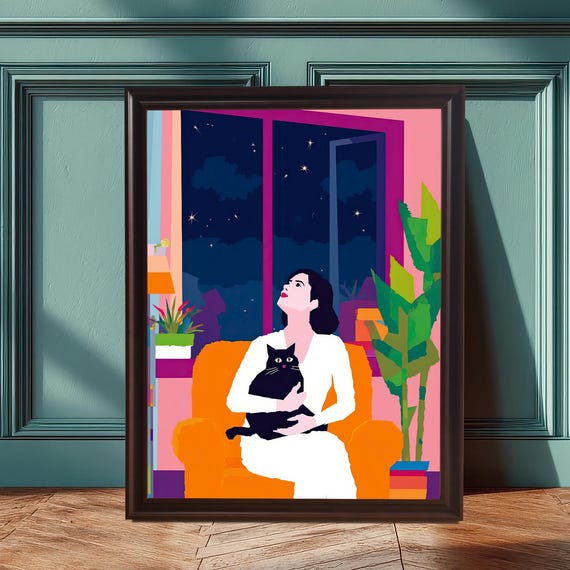Night Sky Woman And Cat Framed Wall Art Print Boho Abstract Museumgrade Paper Giclee Poster Lover Gift Home Decor