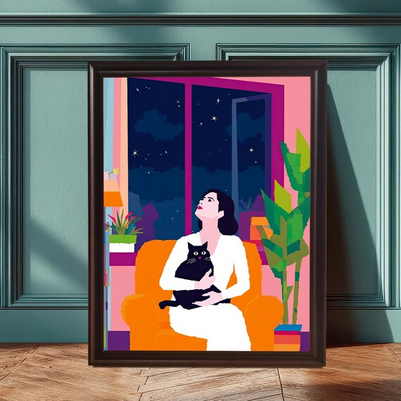 Starry Night Woman With Black Cat In Cozy Orange Chair Poster