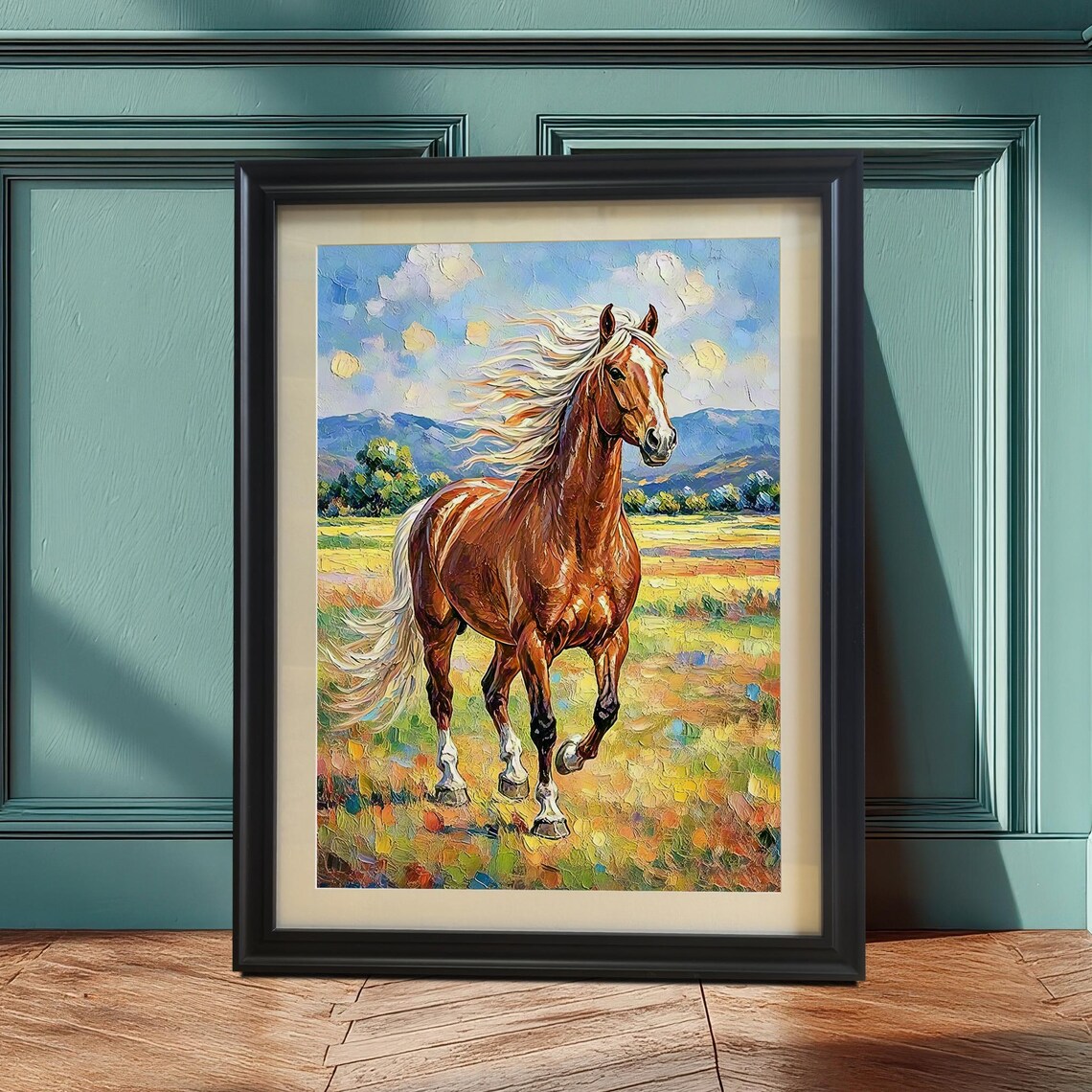 Chestnut Horse Running Free Impasto Oil Painting Wild Meadow Poster