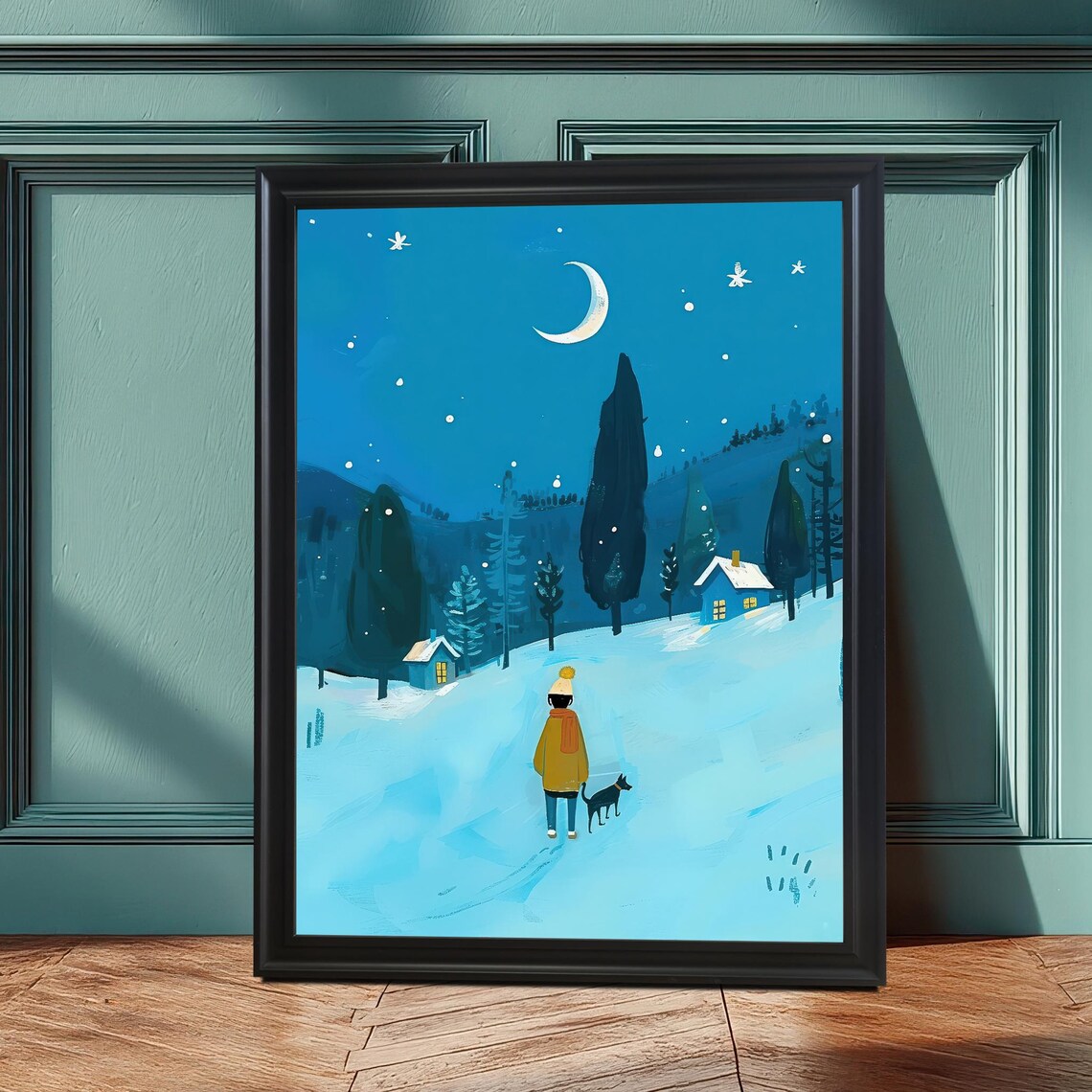Winter Night Snowy Landscape, Moonlit Forest Art Print