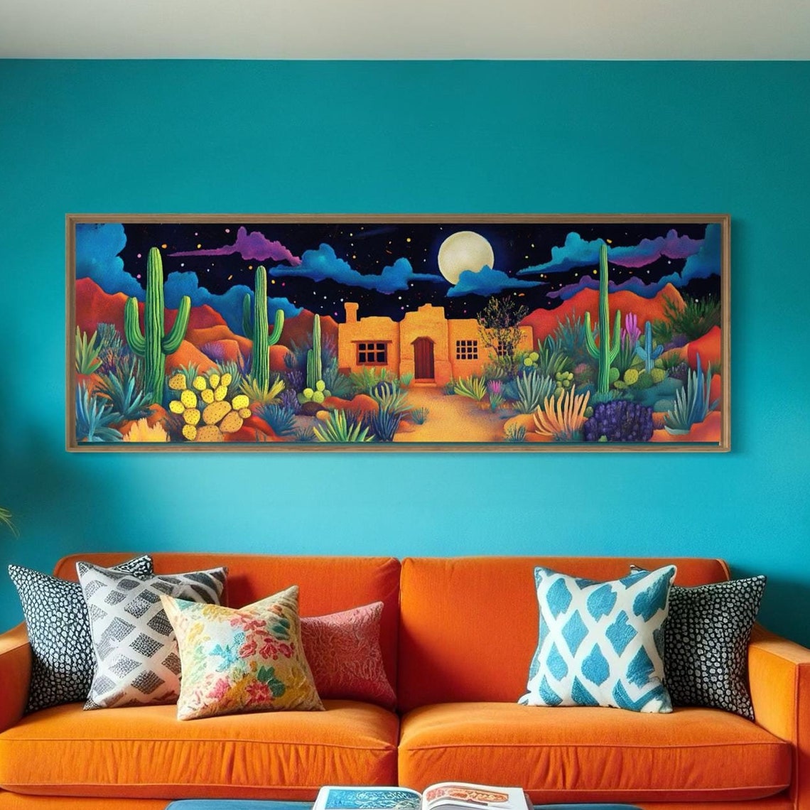 Moonlit Desert Cactus Adobe House Night Southwest Boho Panoramic Print