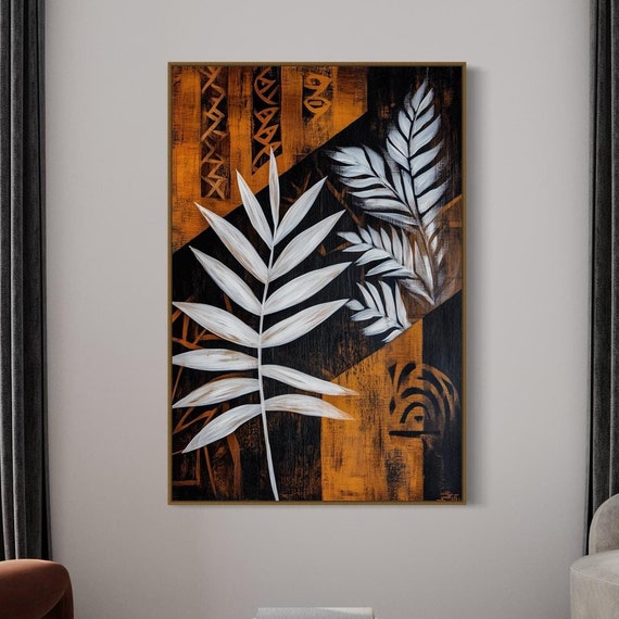 Elegant African Tribal Bold Tropical Leaf Art With Orange And Black Patterns Perfect Statement Art For Above Bed Or Living Room