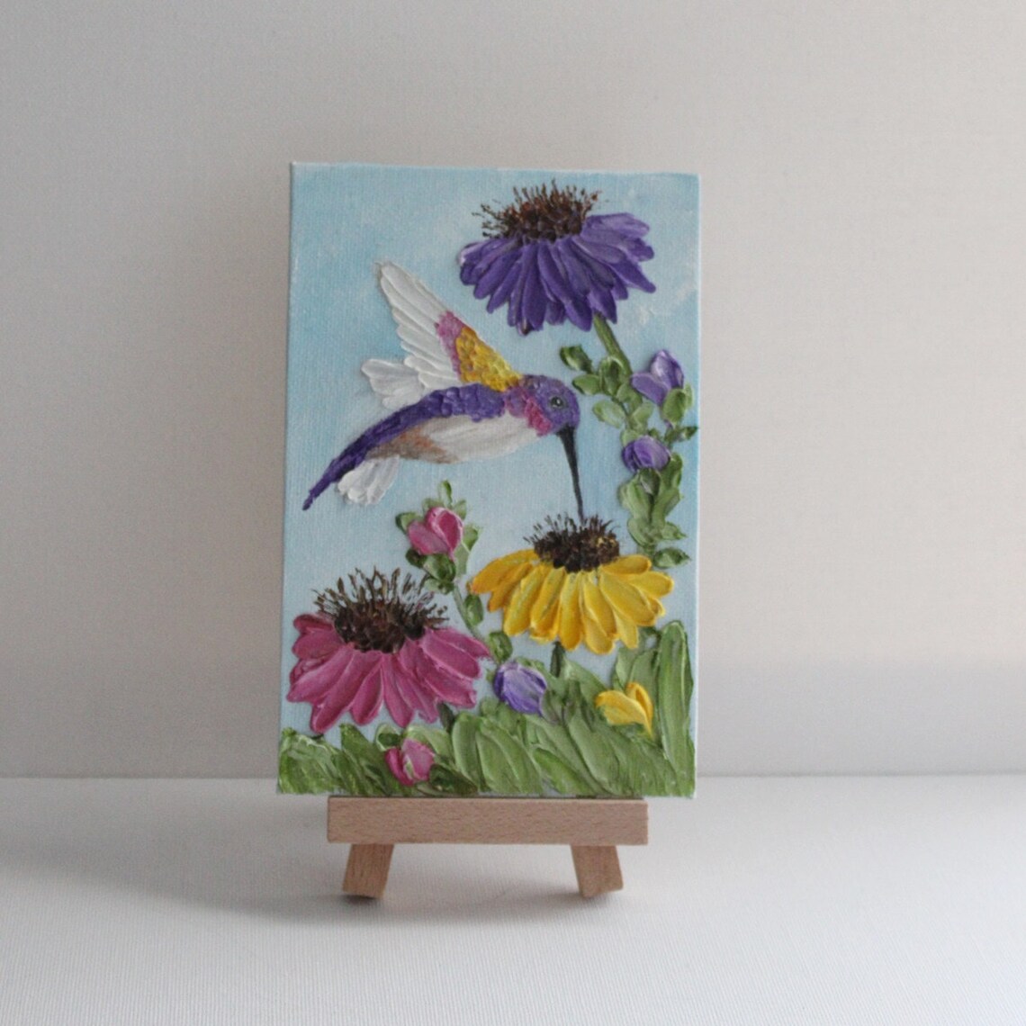 Hummingbird and Coneflowers Impasto Oil Painting Bird Art Poster - Image 3