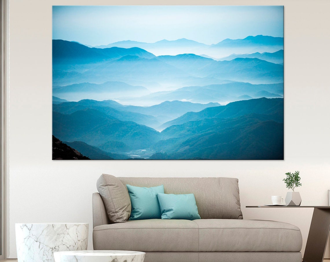 Blue Misty Mountain Layers Foggy Peaks Serene Landscape Photo Poster