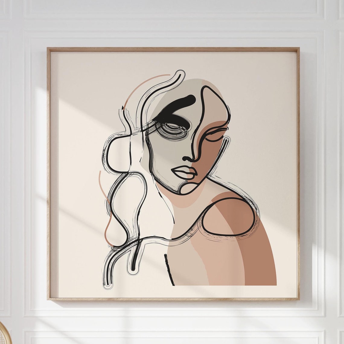 Abstract Woman Portrait Art Poster Line Drawing Beige Shapes