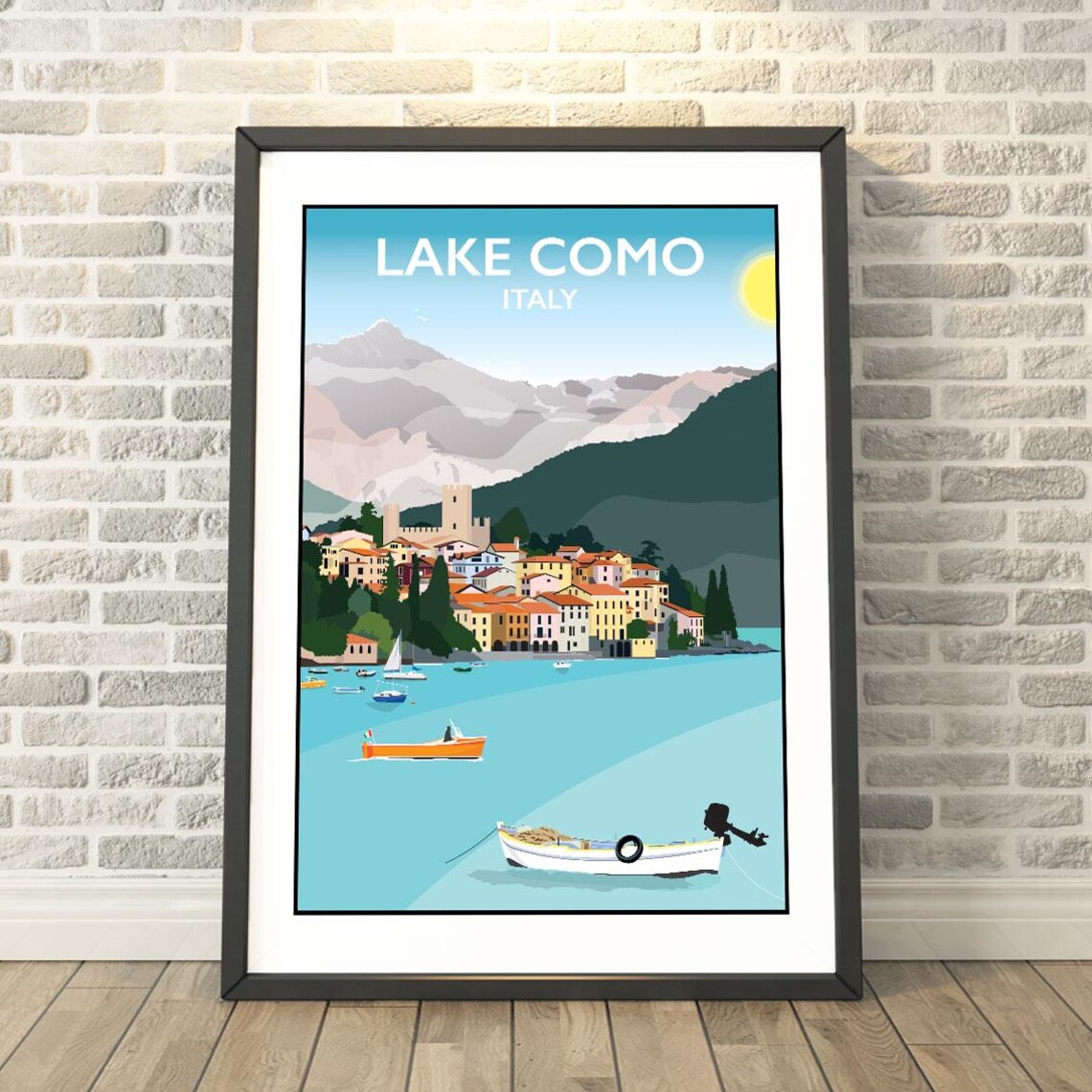 Lake Como Italy Vintage Travel Poster Boats Mountains And Sunny Lake