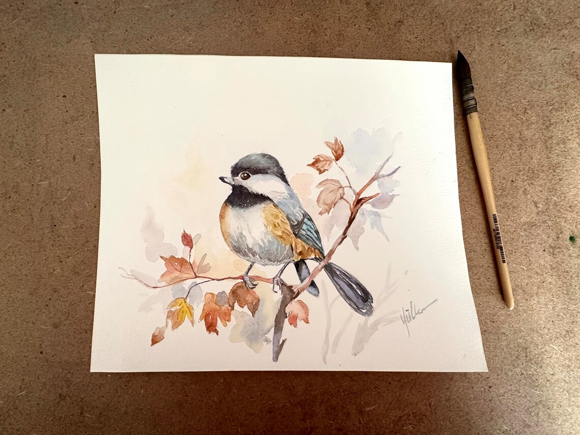 Chickadee Bird Perched on Autumn Branch Watercolor Painting Poster - Image 2