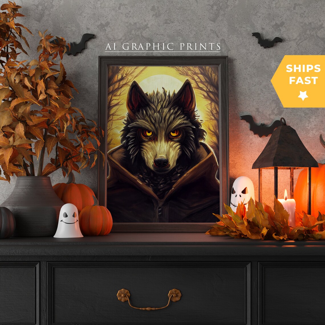 Werewolf AI Art Print, Surreal Halloween Design