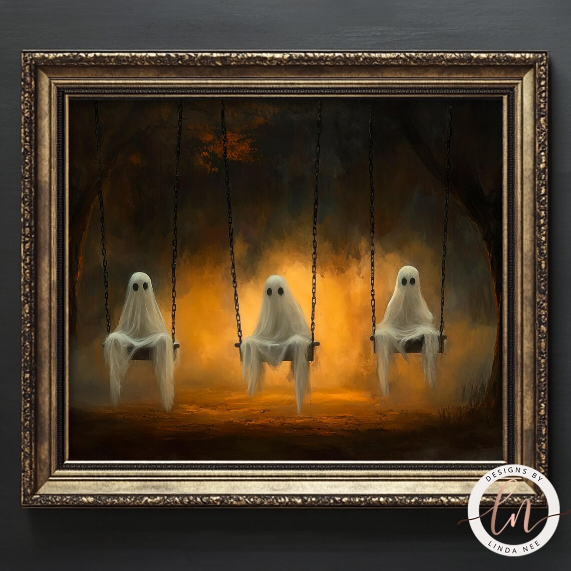 Ghosts On Swing Art Print, Gothic Halloween Decor