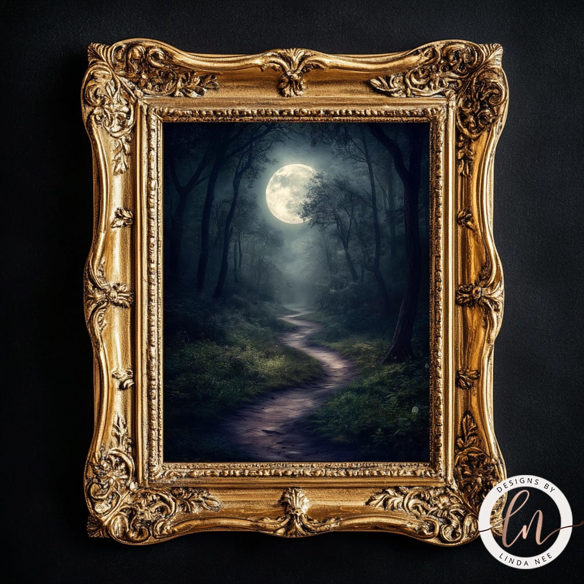 Full Moon Misty Forest Path Night Dark Moody Woodland Wall Art Poster - Image 5