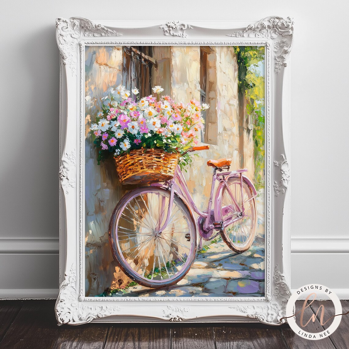 Vintage Pink Bike Flower Basket Rustic Art Print