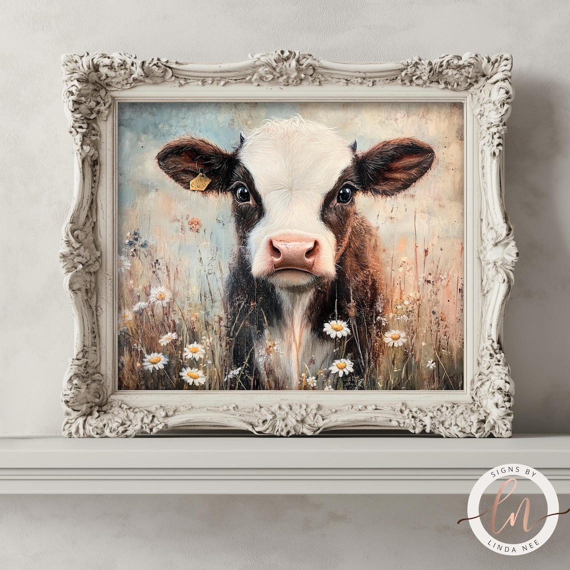 Moody Baby Cow Vintage Oil Painting, Farmhouse Art Print - Image 4