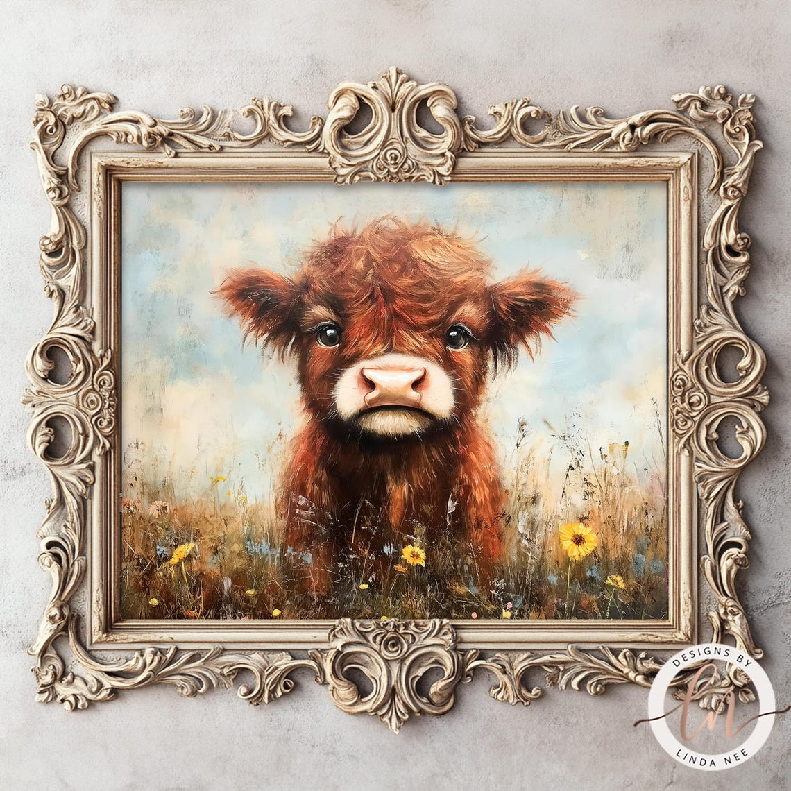 Rustic Farmhouse Highland Cow In Wildflowers Oil Painting Vintage Cow Print Country Nursery Decor Antique Wildflowers Landscape 6 Spr018 - Image 5