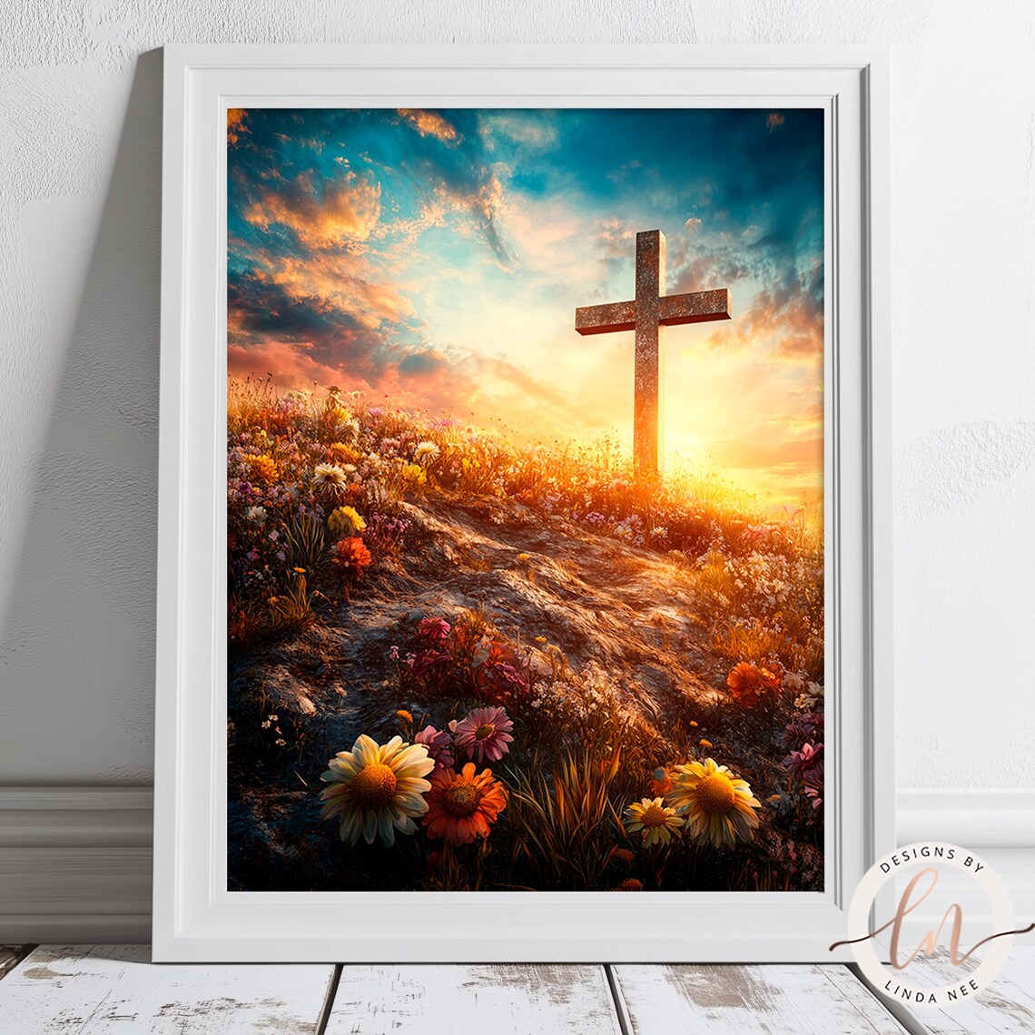 Wooden Cross Hilltop Sunrise Wildflowers Easter Resurrection Wall Art Poster - Image 2