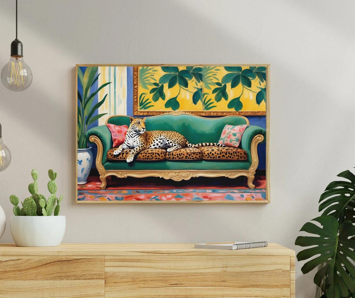 Leopard Lounging on Green Vintage Sofa Maximalist Animal Wall Art