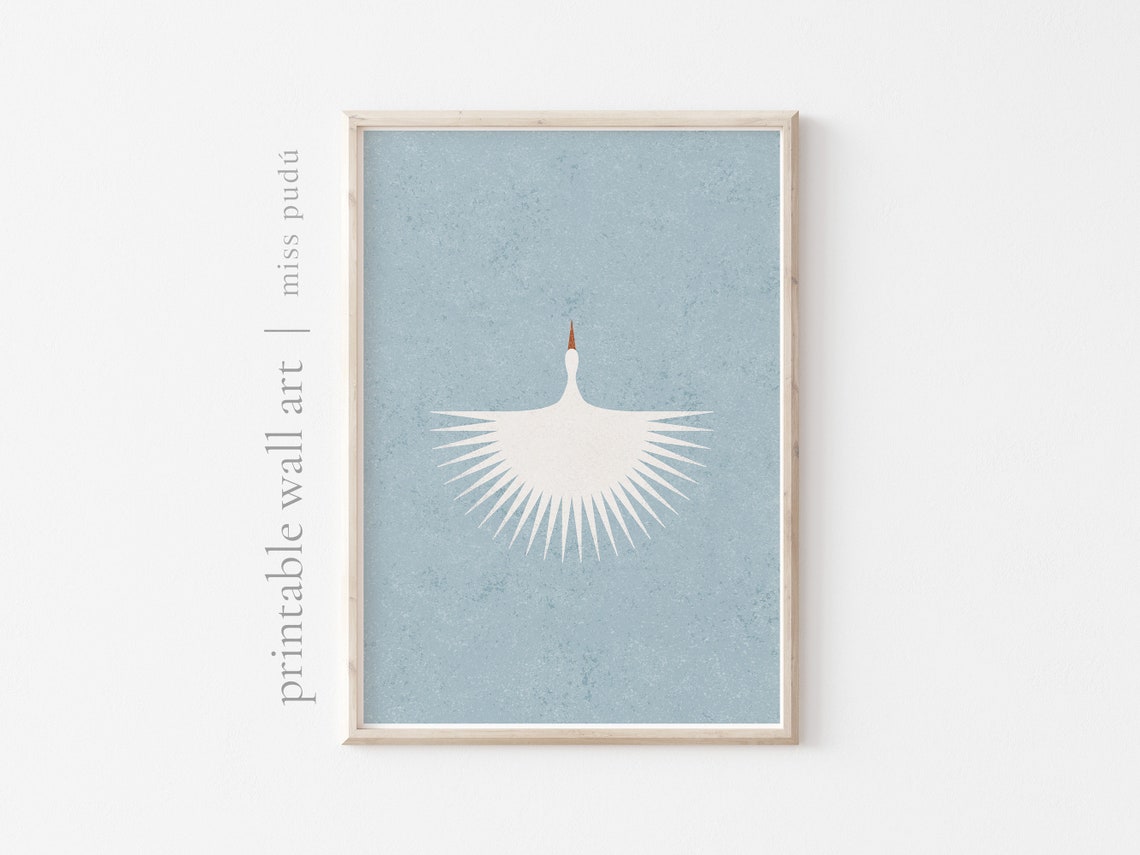 White Bird Spreading Wings on Blue Minimalist Nature Poster Artwork