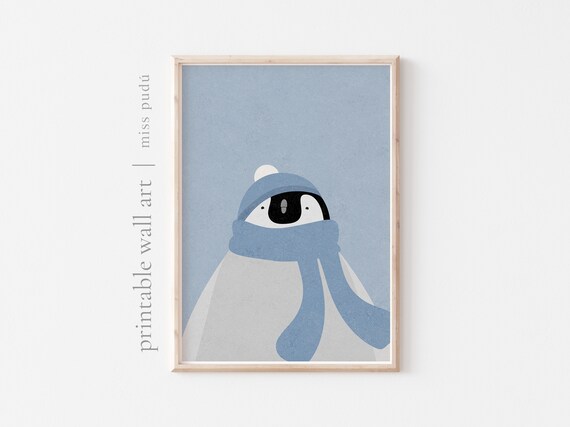 Emperor Penguin Winter Illustration Nursery Poster With Blue Scarf